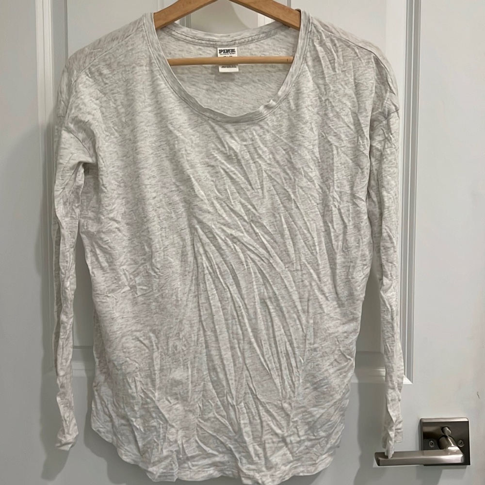VS PINK SUPER LIGHTWEIGHT SHEER MARL BEIGE SLEEPWEAR LONG SLEEVE SCOOP NECK TEE